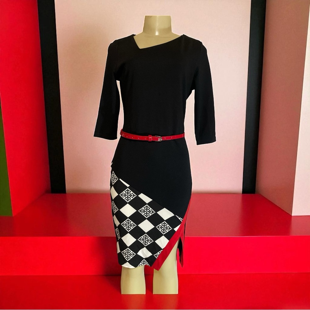 Chic Black Dress with Red Belt and Checkered‎ Dress